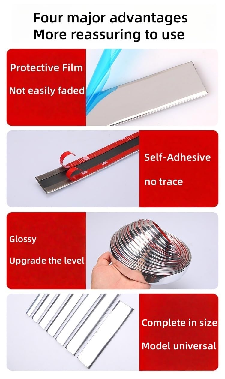 Flessibile Nastro Cromato per Auto, Strisce Autoadesive Argento 15mm 49.2Ft