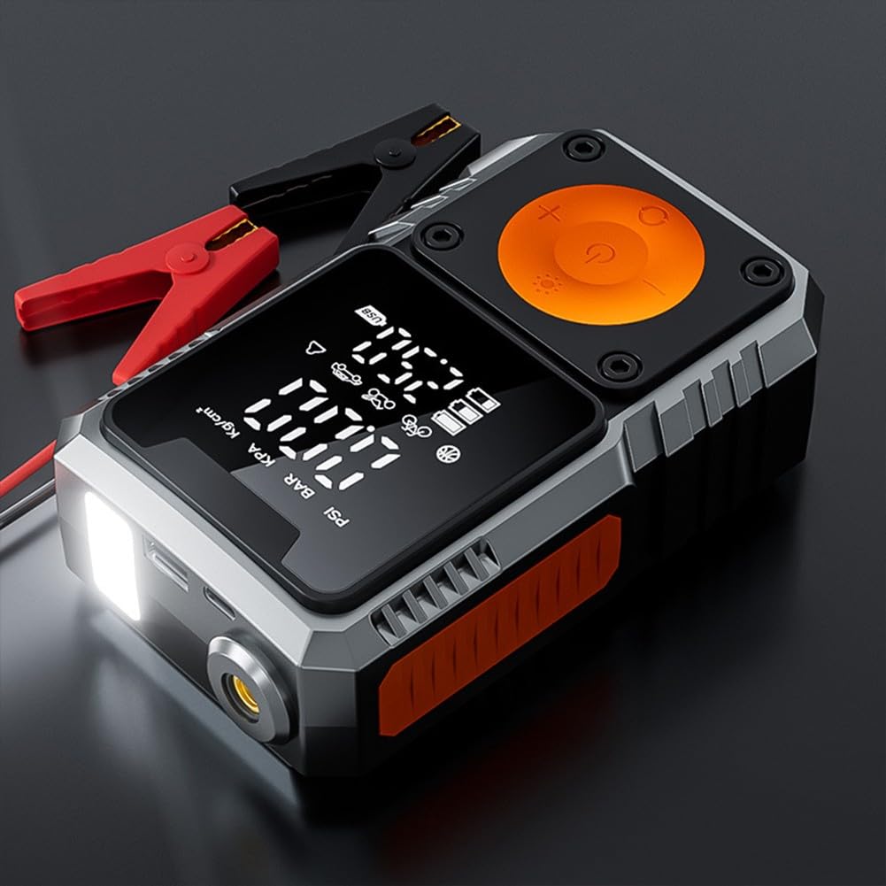 Oniissy Avviatore di emergenza per auto da 7200 mAh e pompa ad aria con display LCD, 150 psi, gonfiatore portatile per pneumatici con spegnimento automatico, per auto, moto, palle da 12 V (4 x 1500