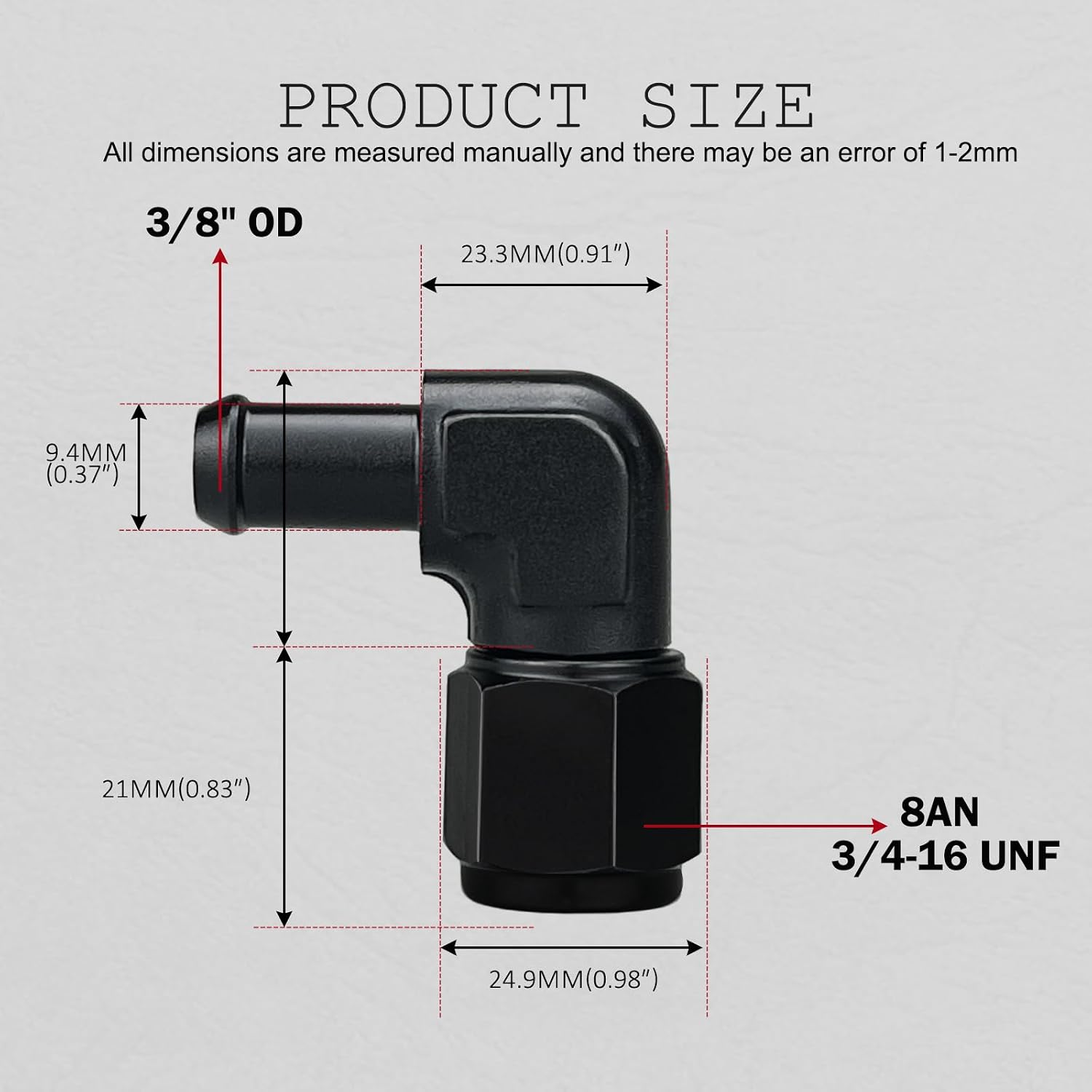 8AN Female to 3/8 Barb 90 Degree Hose Fitting Adapter Swivel Aluminum Black, Pack of 2