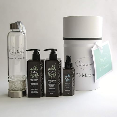 SAPHIRA Set de regalo de champú, acondicionador y suero con botella de agua de cristal mineral gratis Fortalece y añade cuerpo al cabello fino,