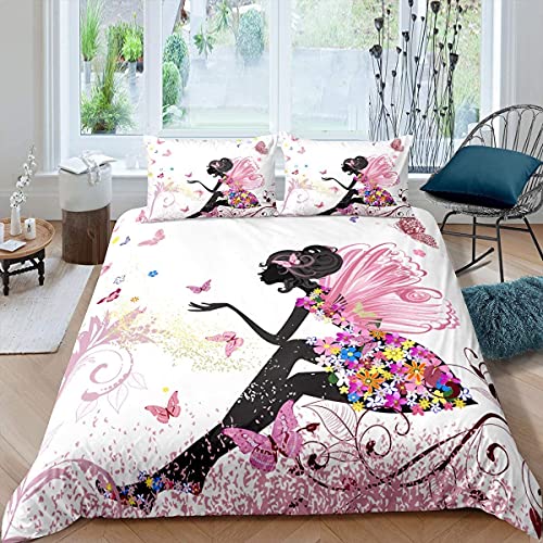 Juego de ropa de cama con estampado de mariposas para niñas, ropa de cama individual para...