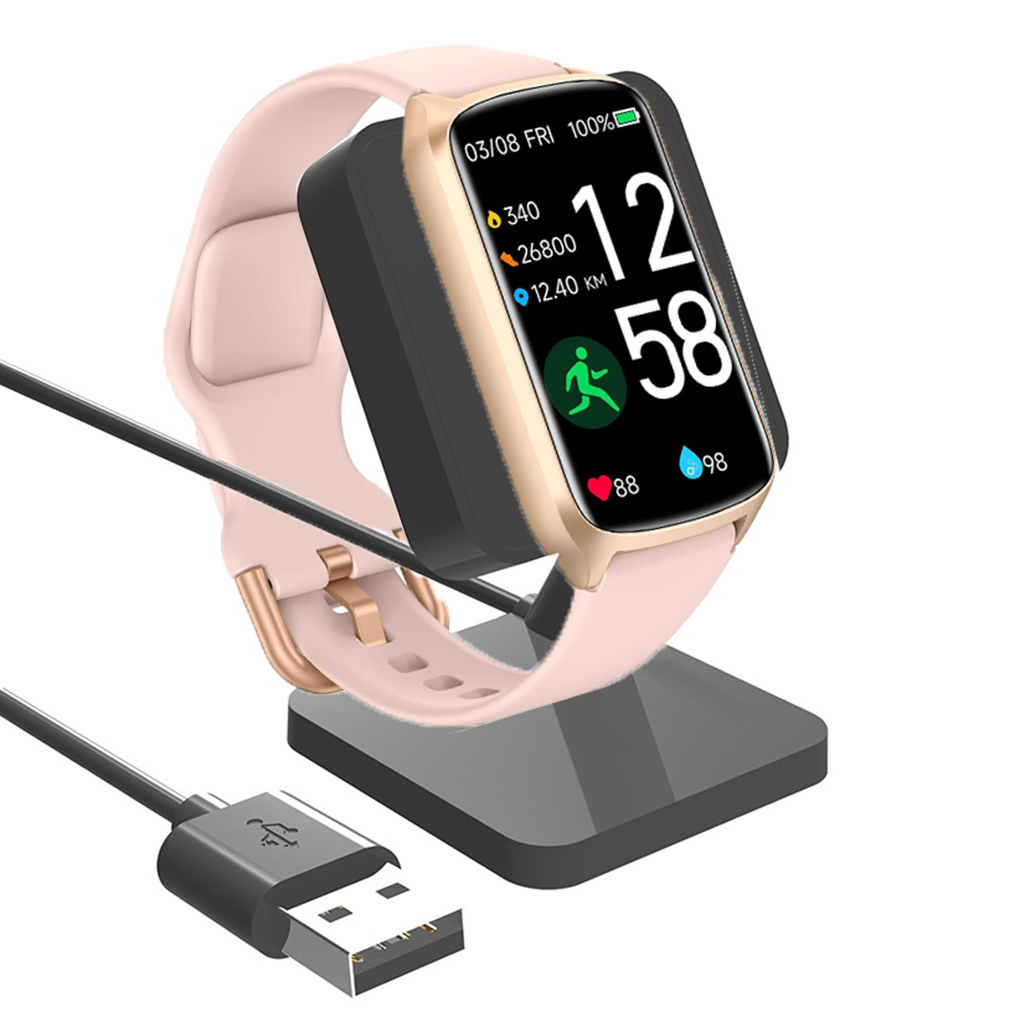 Caricatore Da Tavolo Con Base Antiscivolo Per Amzhero Fitness Tracker D26 - Cavo Di Ricarica USB Micro, Supporto Orologio, Lunghezza 1 Metro, Ricarica Stabile E Veloce - 2
