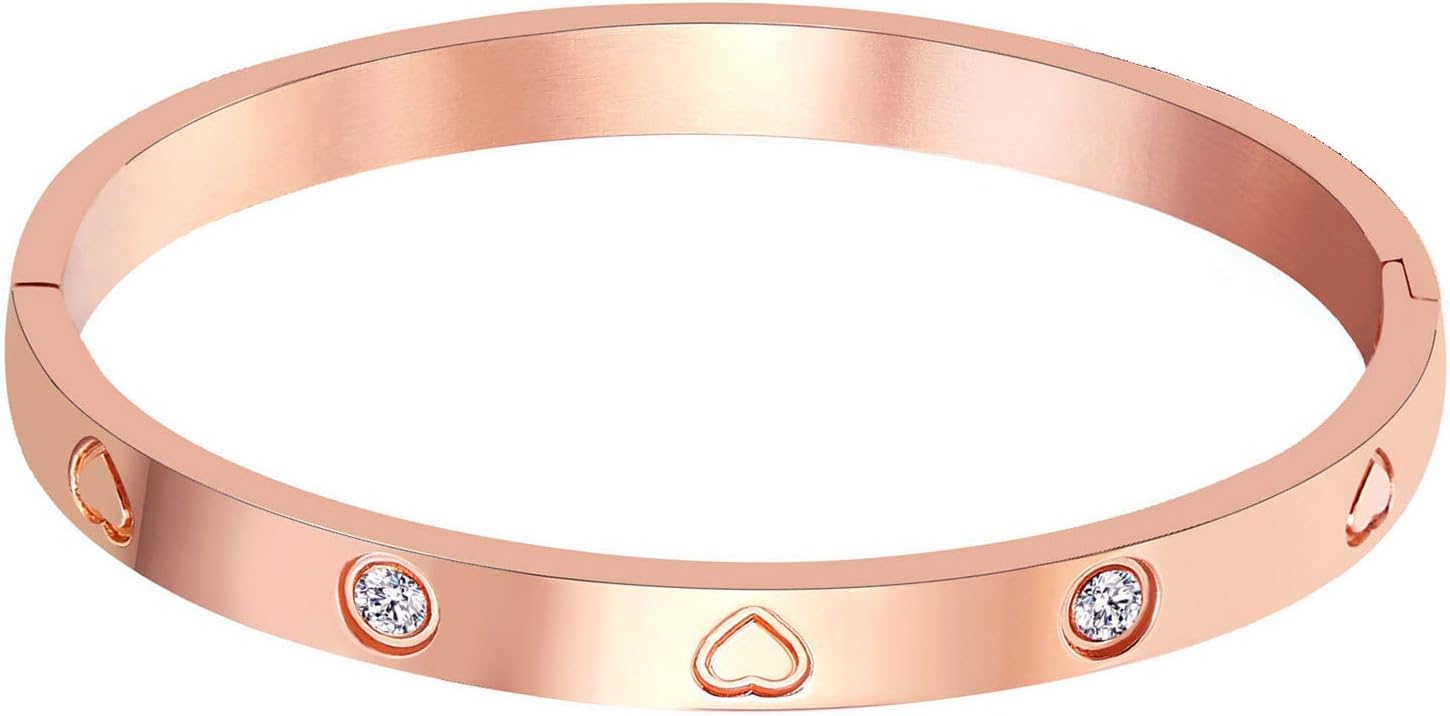 MVCOLEDY Valentine's Day Gift Jewelry Rose Gold Plated Bangle Bracelet Stone Stainless Steel Heart Crystal Bangle Bracelets for Women Jewelry Size 6.7"
