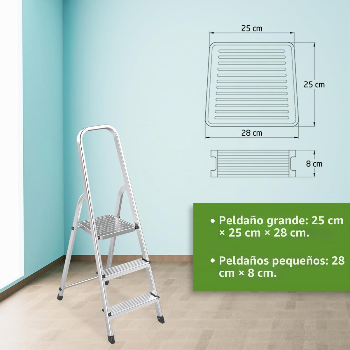 Amig - Escalera Plegable con 3 peldaños - Fabricada en Aluminio - Medida de Peldaños Pequeños:28x8cm - Medida de Peldaño Grande: 25x25x28 cm - Uso Doméstico - Carga Máxima 150 kg