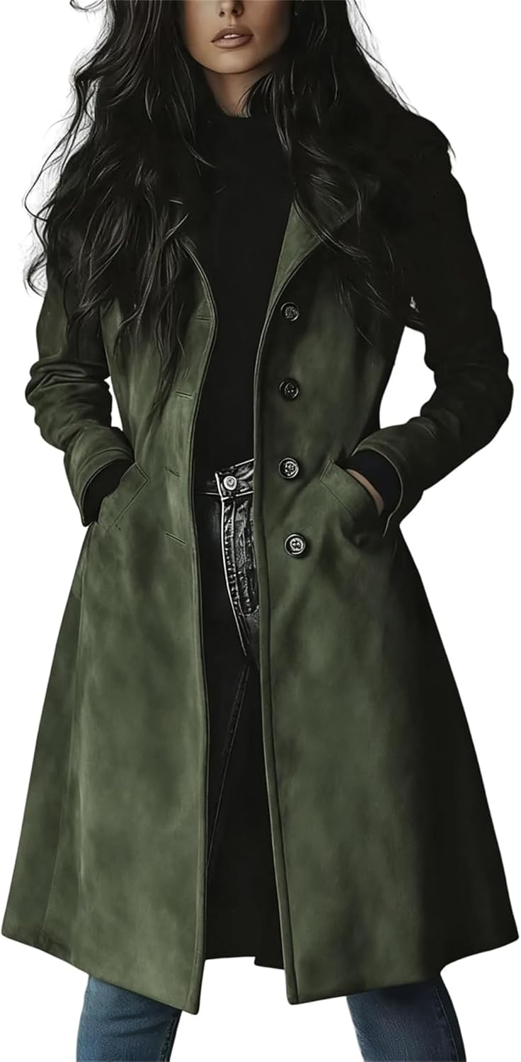 Womens Faux Suede Jacket Lapel Single Breasted Long Trench Coat Midi Long Slim Blazer Jacket Coat Fall Winter Pea Coats