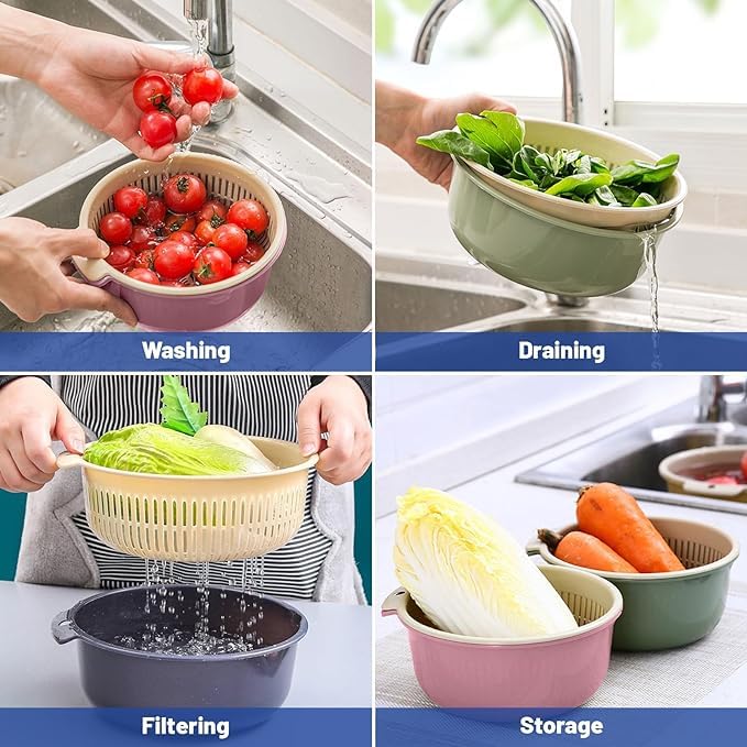 Large Kitchen Strainer Colander Bowl Sets,Double-Layer Plastic Fruits Vegetable Washing Basket - Image 3