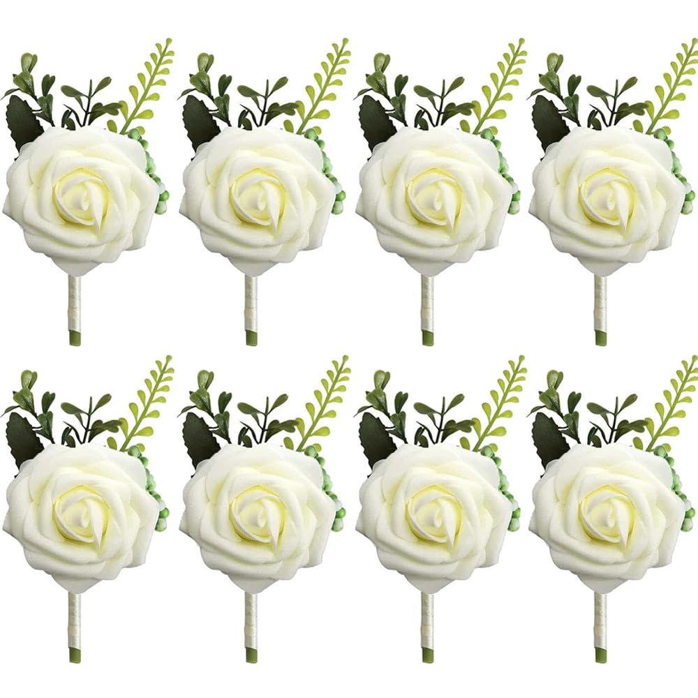 TTBDDM 8 Piezas Dama de Honor Boda Flor, Boutonniere de Boda, Rose Boutonniere, Ramillete Novio Boda, Ramillete Muñeca Flor, para Novia, Novio, Damas de Honor, Padrino, Invitados, Blanco