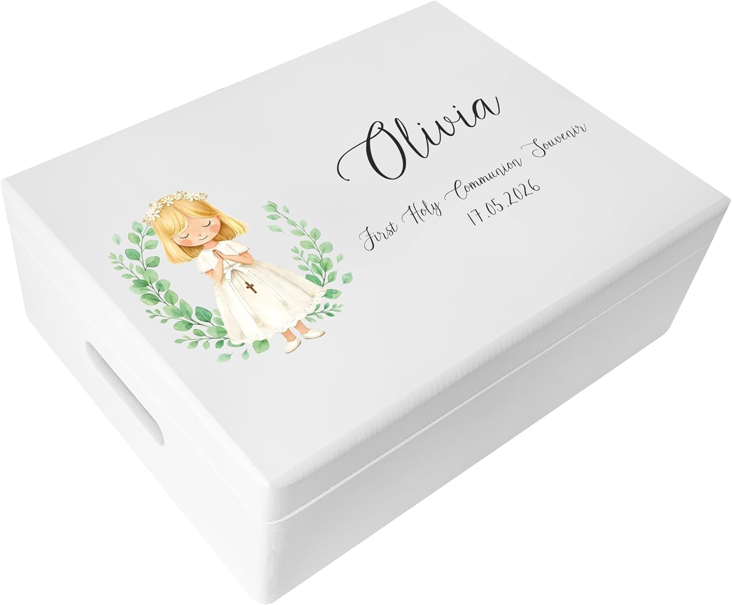 Personalized White Wooden Storage Box Communion Fish | 11.8x7.87x5.51in (+-0.5) | Minimalistic | Hinged Lid Handle Engraving | Unpainted Gift Box | UNSANDED Keepsake Souvenir Chest