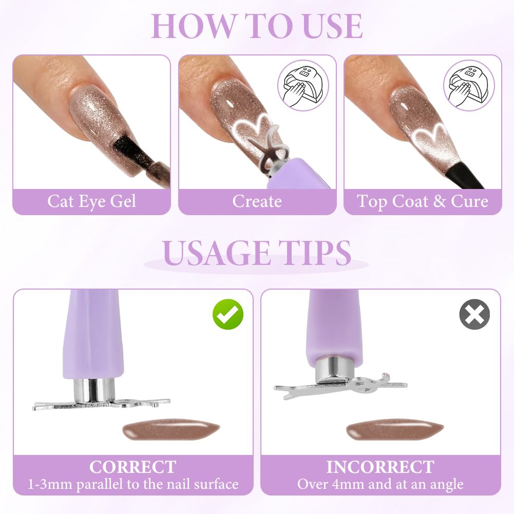 7 Pièces Aimant Cat Eyes Ongles Ensemble, 8 in 1 Aimant Ongle, Cat Eye Magnet, Cat Eye Magnet, Outils de Nail Art DIY, Stylos Magnétiques Cylindriques avec Lapin et Cœur