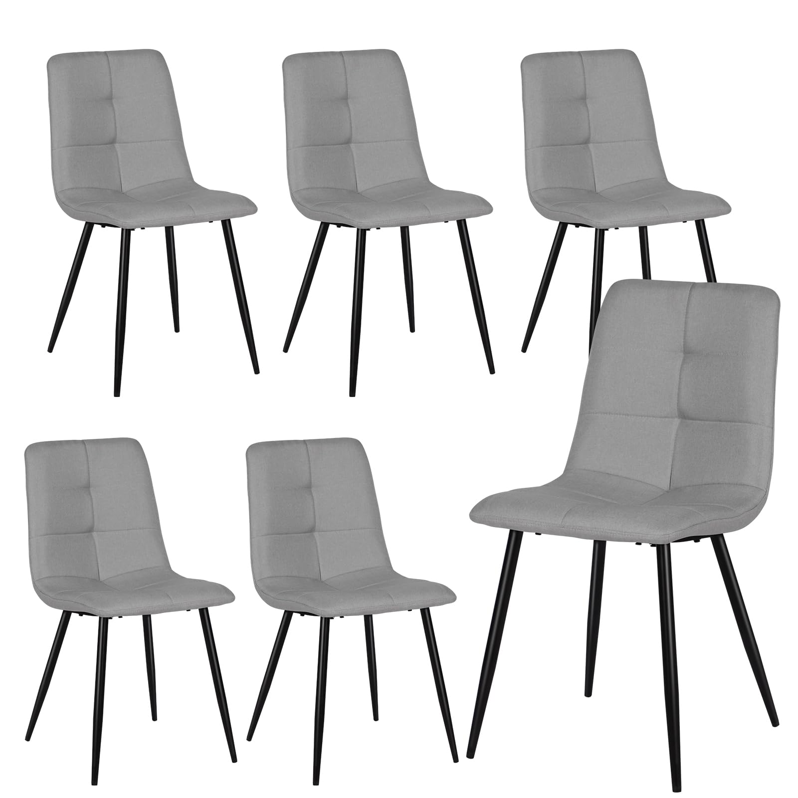 Luxstein Dining Chairs Set of 6, Modern Grey Fabric Upholstered Seat with Sturdy Black Metal Legs for Dining Room, Kitchen