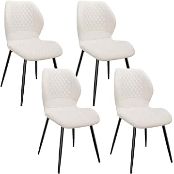 Juego de 4 Sillas de Comedor, Silla de Cocina Moderna, Silla de Dormitorio, Cojines de Espuma de Lino, Patas de Metal, Tapicería con Patrón de Diamante-Beige.