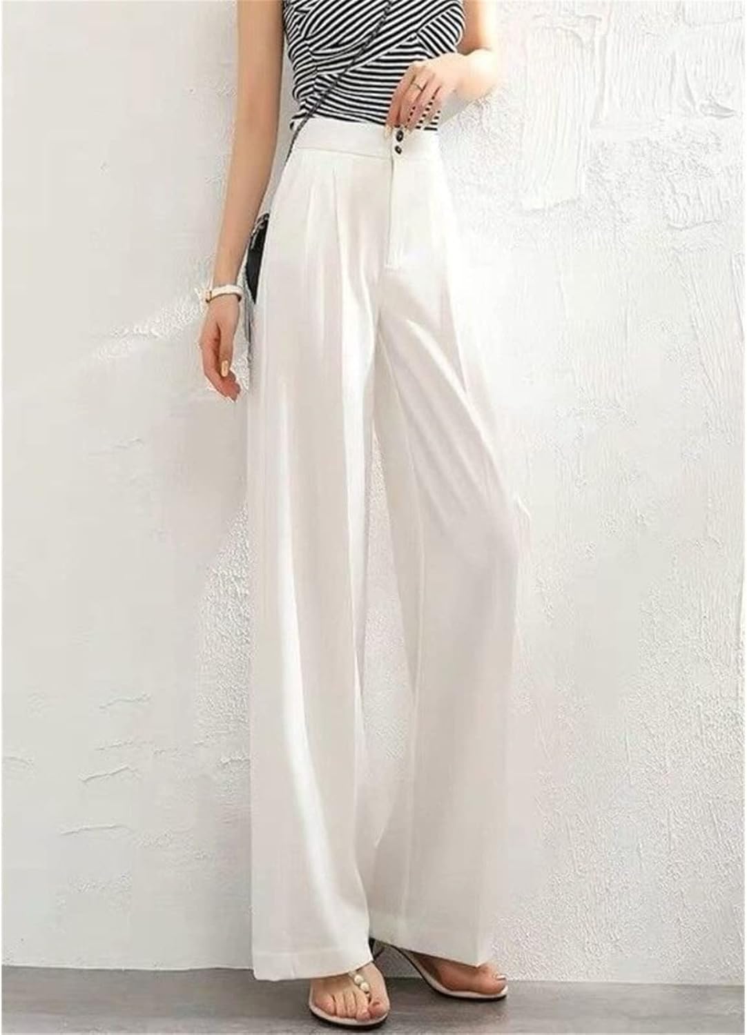 Kelsiop Wide-Leg Pants Women's Fashion Straight-Leg Pants Trousers Office Workers Solid Color High-Waisted Pants