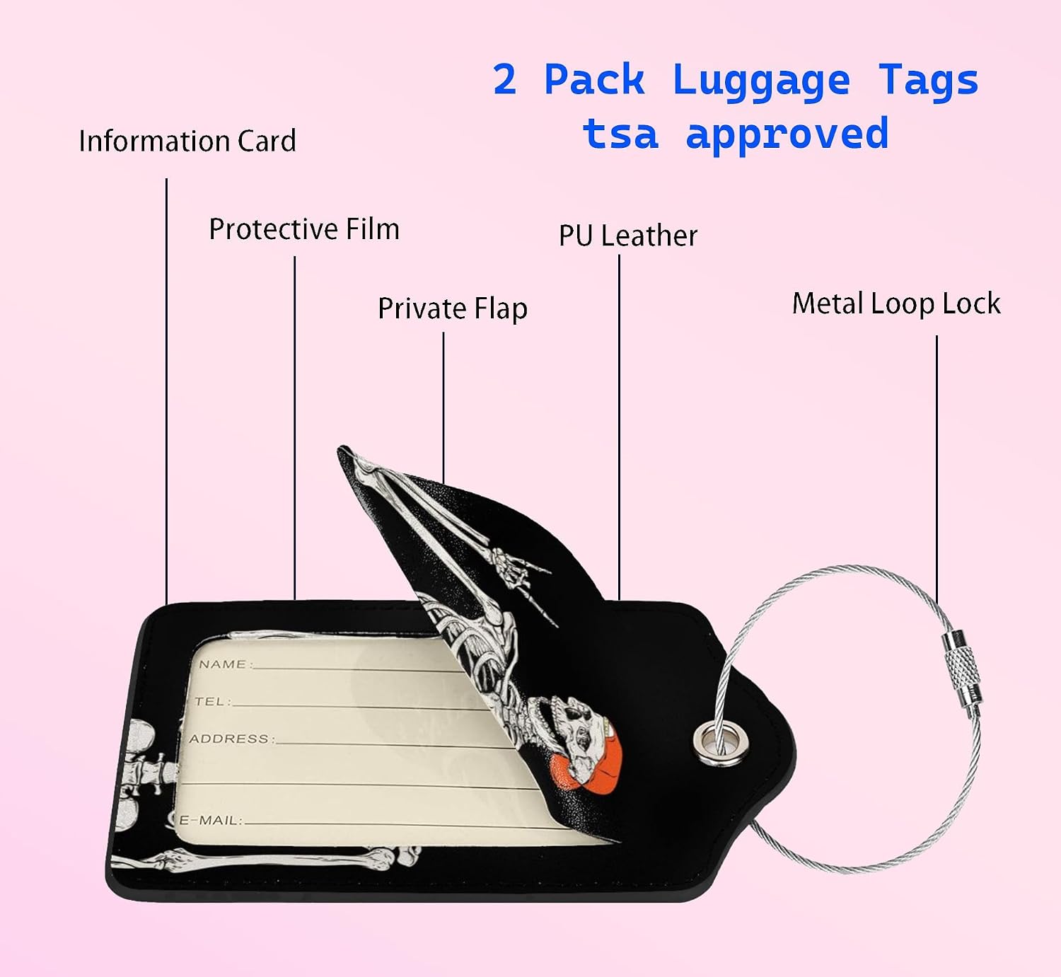 2Pack Funny Skull Luggage Tags Privacy Cover ID Label with Stainless Steel Loop and Address Card for Travel Bag Suitcase Funny Cute Man Women Kids Horror Terror Skeleton image 3