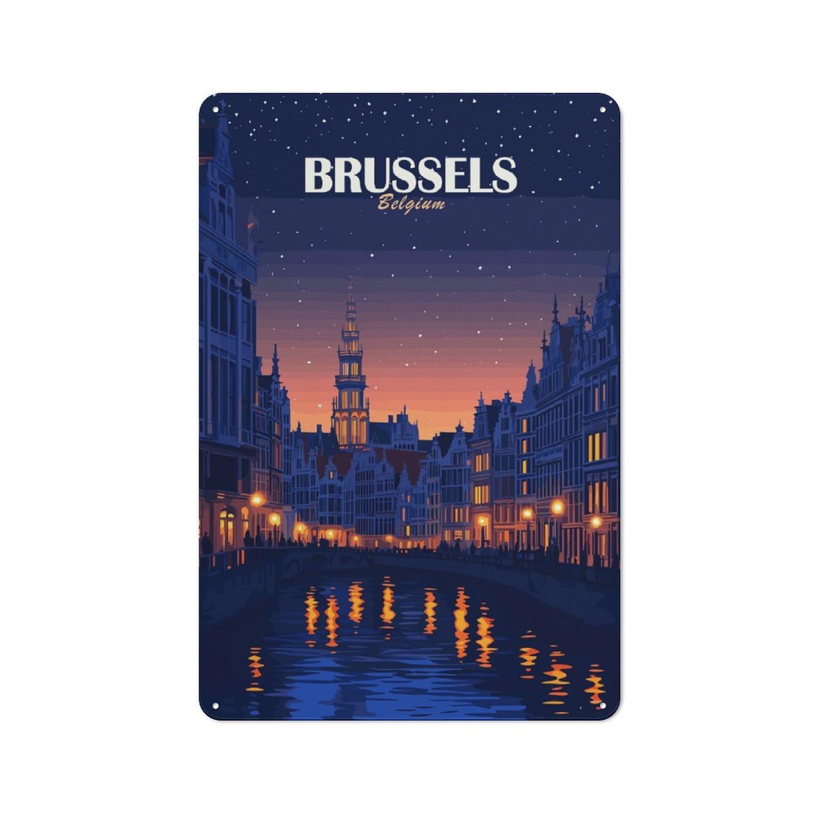 Junmoney Style-12 Vintage Tin Sign 30X20cm With Brussels Belgium Night Cityscape Art For Man Cave Or Games Room, For Winter Room Styling In Man Cave And Games Room