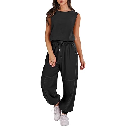 ANRABESS Womens Sleeveless Crewneck Loose Fit Open Back Jumpsuits Outfits One Piece Workout Active Tracksuits Sweatsuits