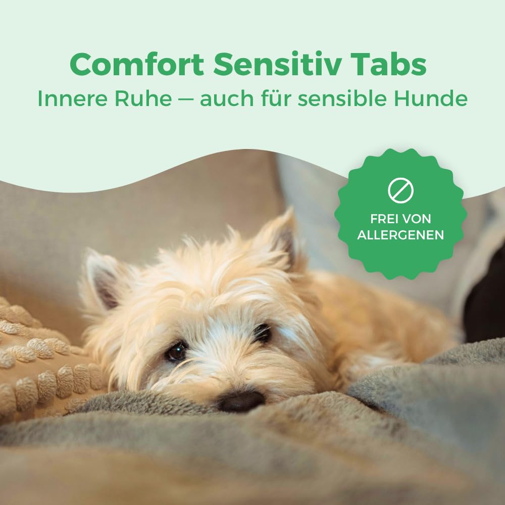 Comfort Sensitiv Tabs – Natürlicher Entspannungs-Komplex für ernährungssensible Hunde – Mit Tryptophan aus Molke, Magnesium und B-Vitaminen – 150 Tabs