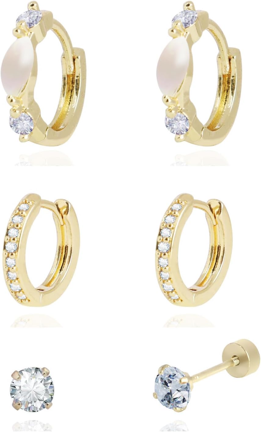 3Pairs Gold Huggie Hoop Stud Earrings Set for Women Trendy, Dainty Small 14K Gold Plated Hypoallergenic Earrings for Multiple Piercing, Minimalist CZ Cartilage Earrings for Women