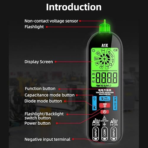Miniatura 9 de Multímetro digital A1X,Multímetro digital inteligente antiquemador completamente automático A1,Probador de cables Detector de voltaje sin
