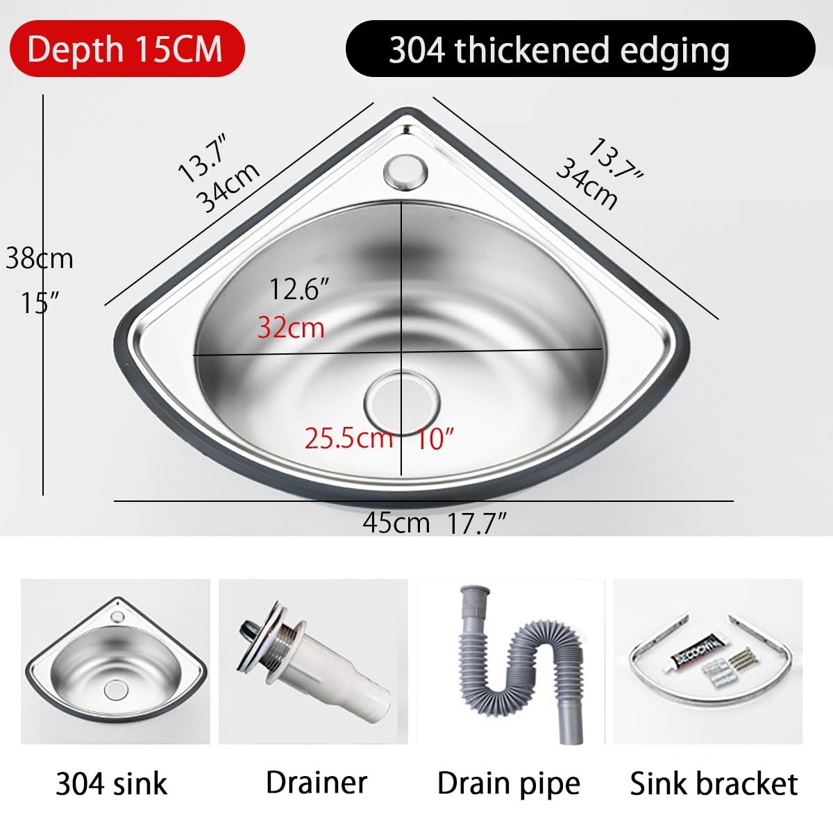 Pequeño Fregadero De Esquina De Acero Inoxidable,Lavabo De Baño De Montaje En Pared Triangular,Lavabo De Lavabo De Un Seno Triangular Pequeño,Con Escurridor,Acabado Cepillado