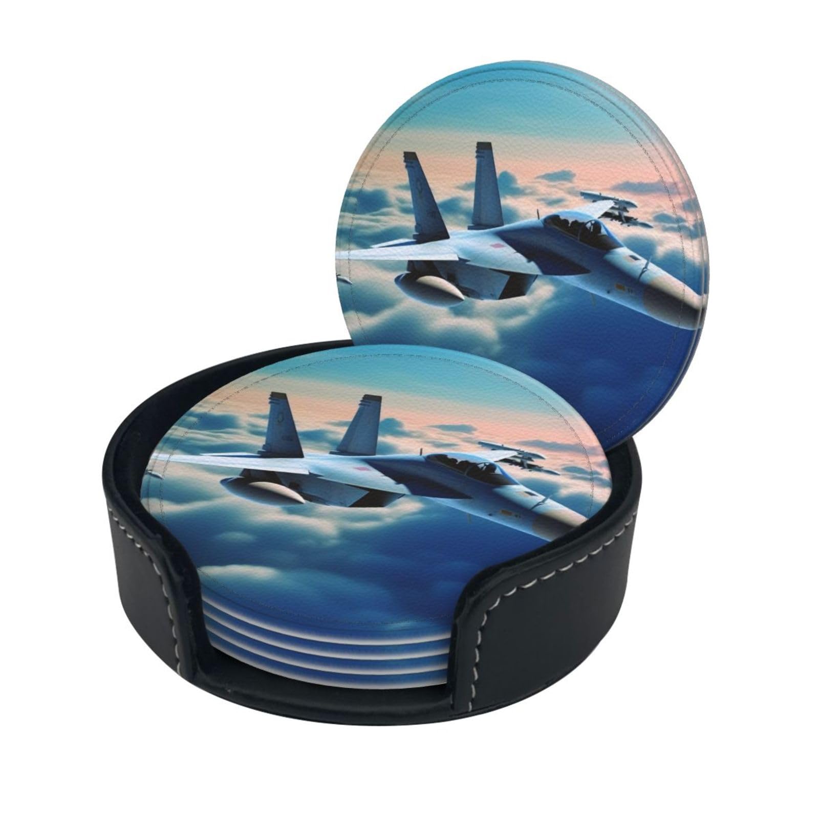 Stylish Coasters - Aircraft Fighter Jets Set of 6 Round Leather Drink Coasters with Holder - Perfect Size for Cups and Glasses