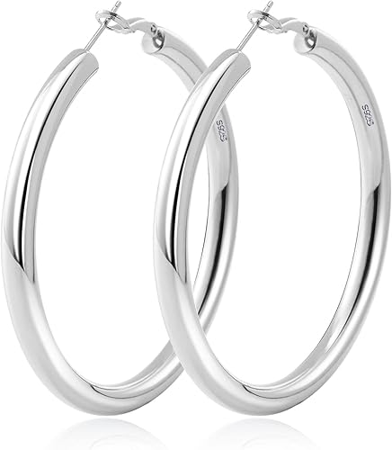 Thick Silver Hoop Earrings S925 Sterling Silver Earrings Hoops Chunky Silver Hoops Hollow Tube Silver Hoop Earrings for Women Hypoallergenic