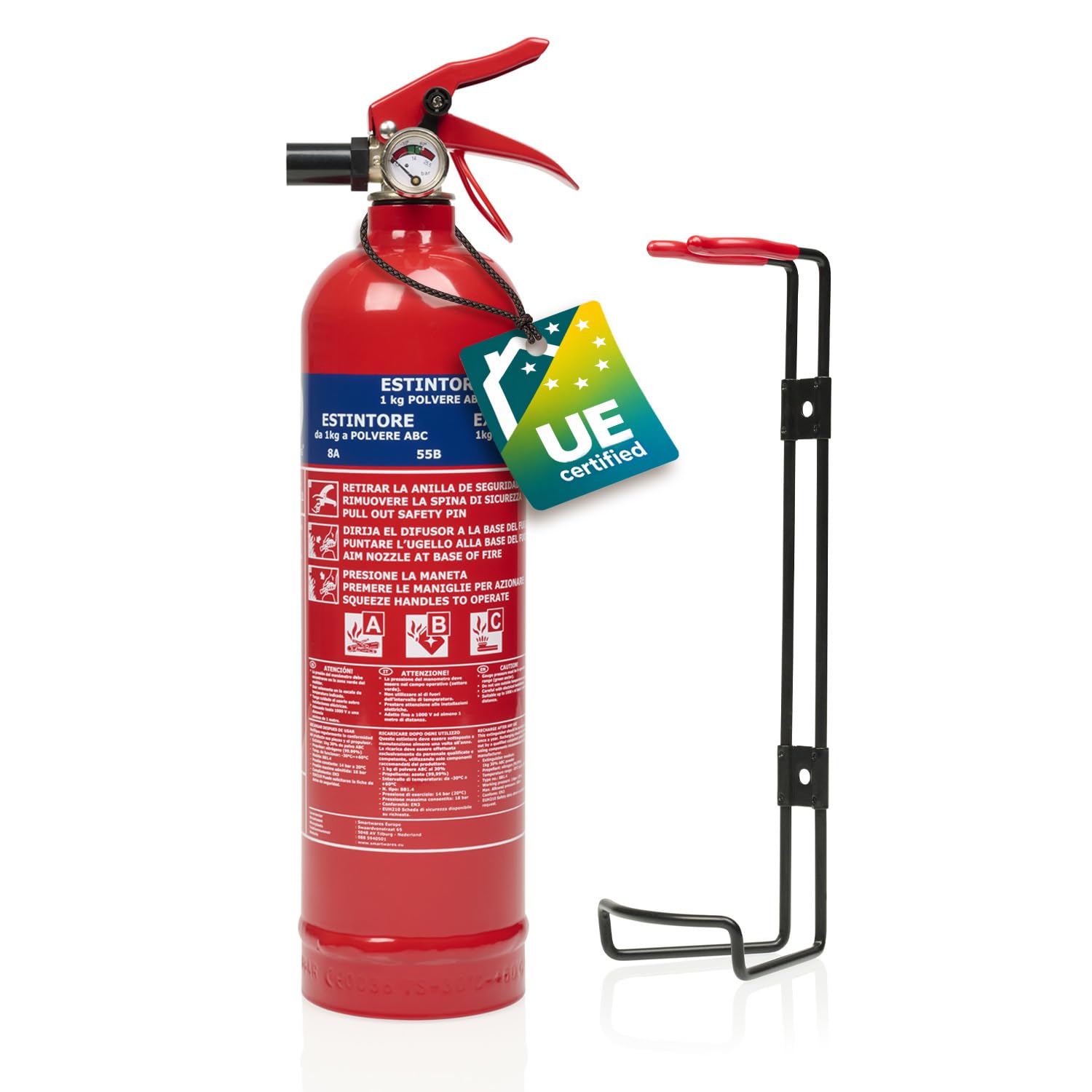 Smartwares Powder extinguisher - 1 kg - for ABC fires - Suitable for vehicles & homes - With mounting bracket - FEX-18117