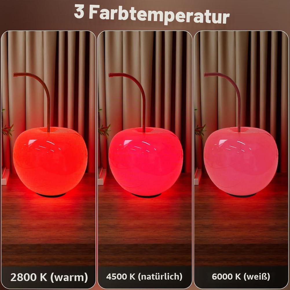 OOWOKS Kirsch Lampe LED Kirsch Tischlampe Kreativ Tischleuchte Dimmbare mit USB-Kable, 3 Farbtemperaturen Glas Rund Dekorative Lampe für Nachttisch Wohnzimmer Schlafzimmer Restaurant