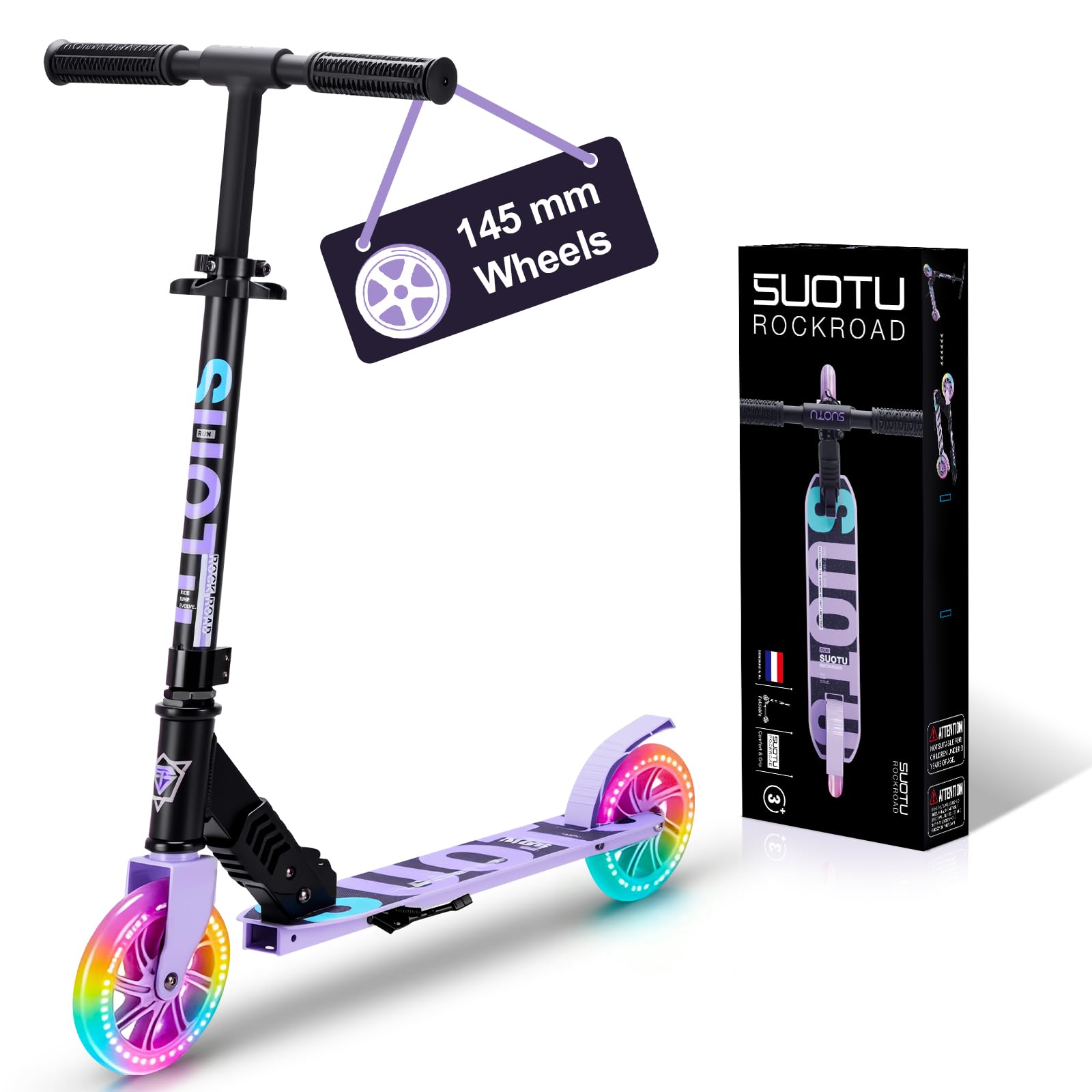 Patinete Niño con Grandes Ruedas Iluminadas de 145 mm, Carga Máxima: 100 kg, Scooter para Niños de 3 a 12 Años, Plegable, Volante Ajustable Altura, Aluminio