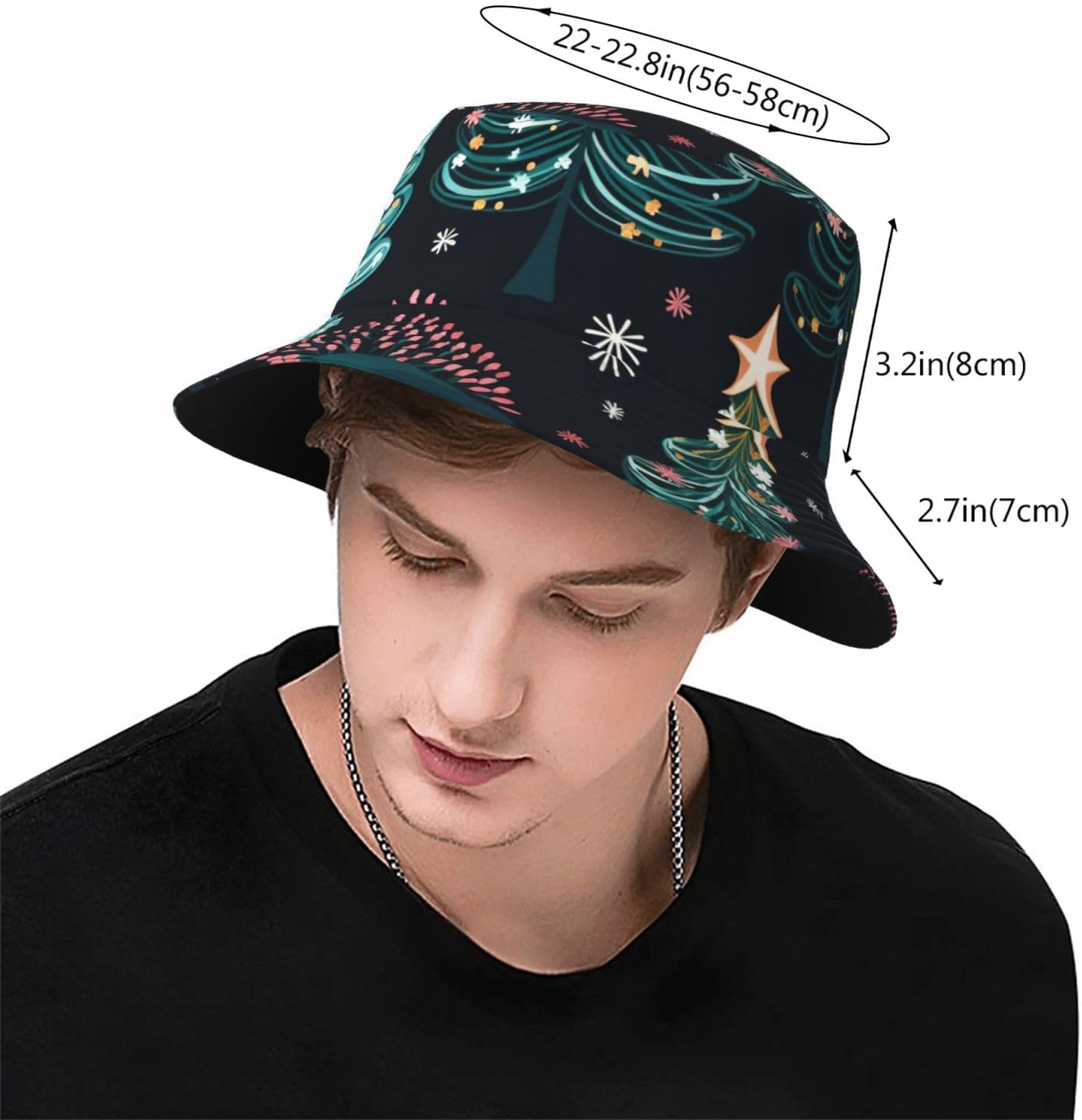 Christmas Tree Print Sun Hat Outdoor Fisherman Cap Summer Bucket Hat Beach for Men Women Black