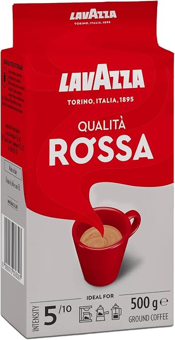 Lavazza, Qualit  Rossa, Ground Coffee 500 g | Intensity 5/10, with Notes of Chocolate and Dried Fruit, Arabica and Robusta, Medium Roasting, Ideal for Moka Pots