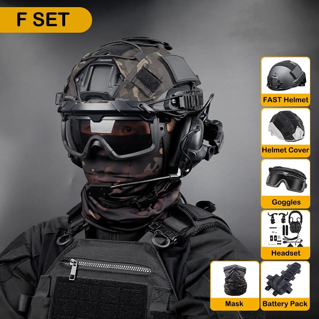 Tactical Fast Airsoft Helmet with Mask Goggles Noise Cancelling Headset Battery Pouch and Helmet Cover Adjustable Tactical Helmets Set Outdoor CS Paintball Hunting Gear F MIN