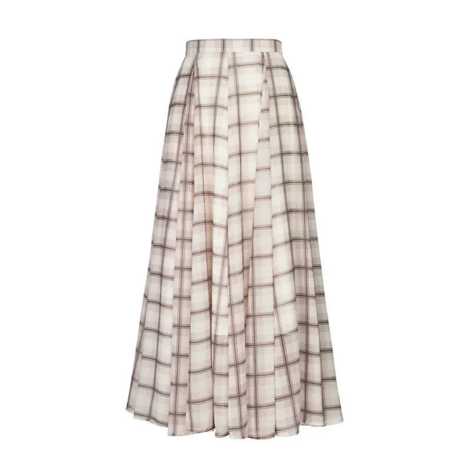 Gonna Lunga da Donna Coffee Check Resort Stile Vita Alta Piegata Una Linea Casual Primavera Estate-a-s