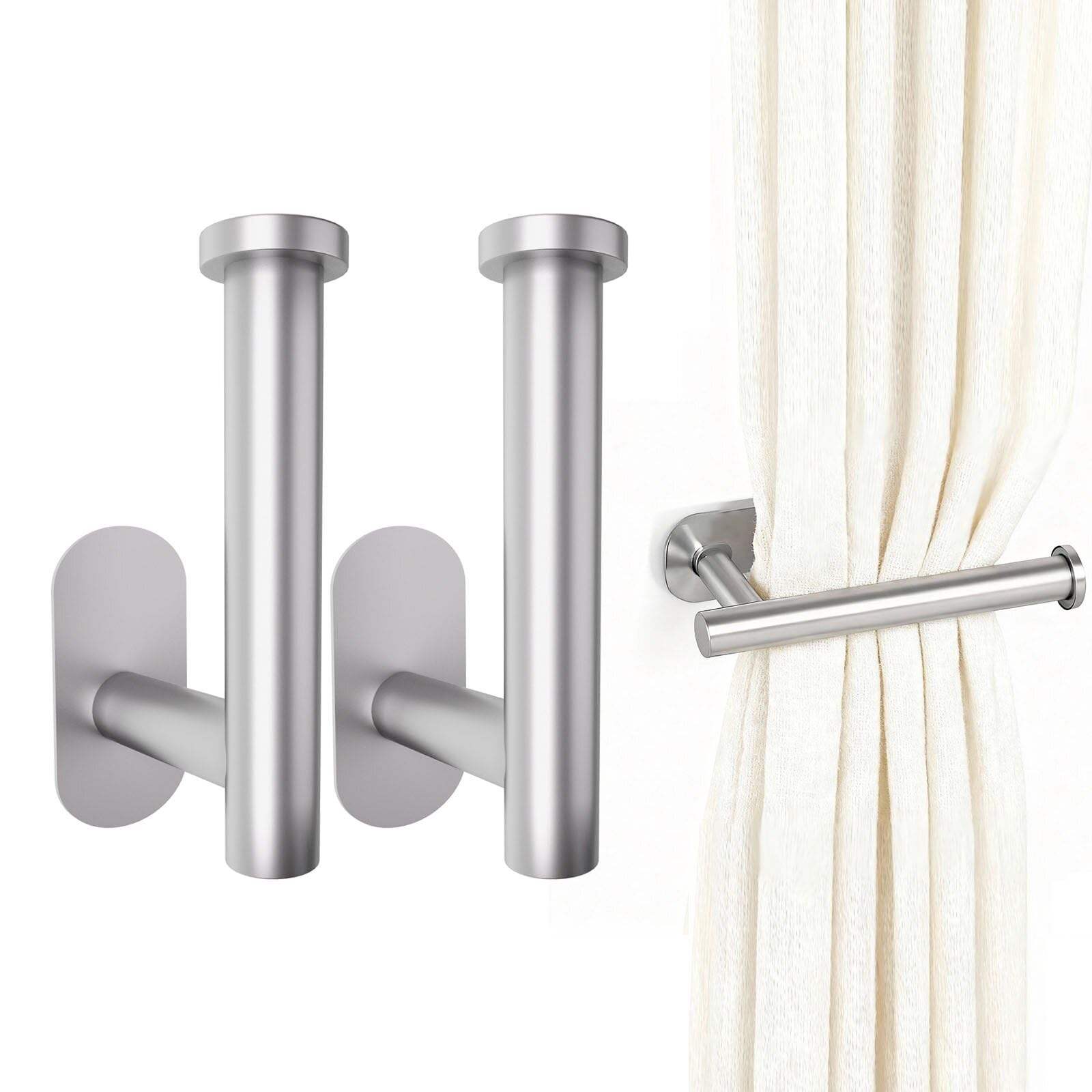 Aonuy Curtain Tie Backs, 2Pcs Self Adhesive No Drill Curtain Tie Hold Backs, Damage-Free Wall Mounted Curtains Hooks Holders for Fixing or Hanging Curtains in Living Rooms Bedrooms Bathrooms（Silver）