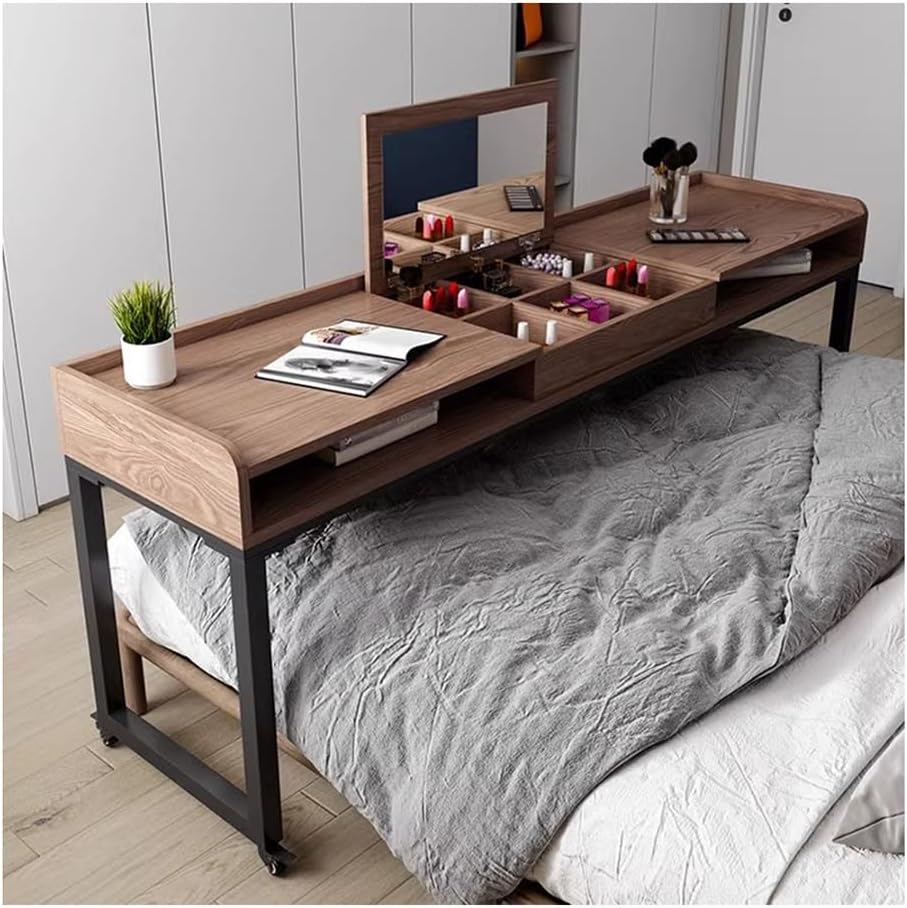 Solid Wood Overbed Table Vanity Desk, Bedroom Hospital