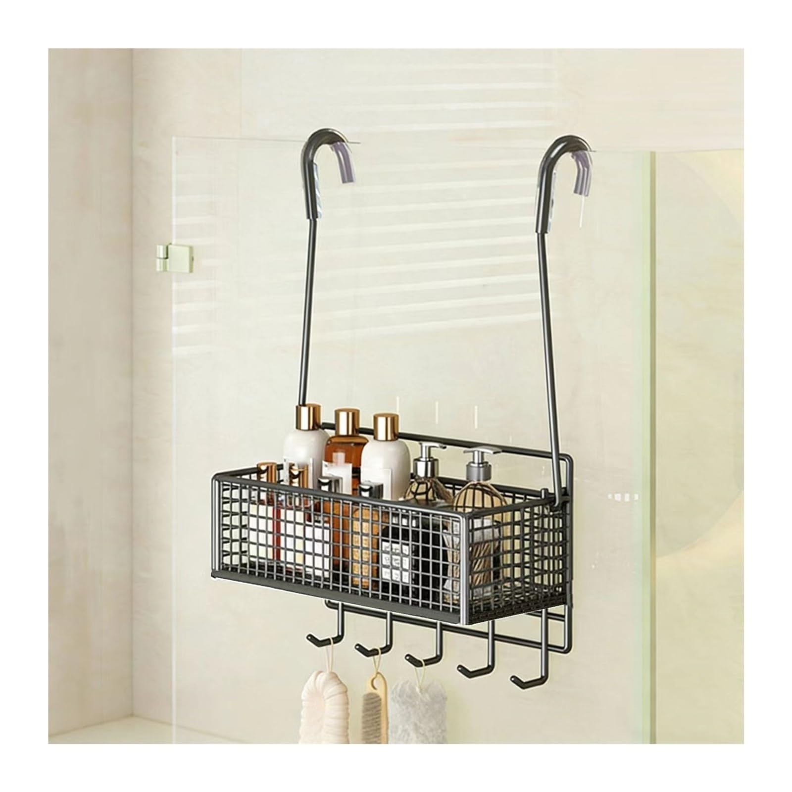 Organizzatore per ripostiglio in Metallo da Appendere alla Porta, con Tasche a Scomparsa e 5 Ganci, per Camera da Letto e Bagno (Nero, 26x15x33+13+7cm)
