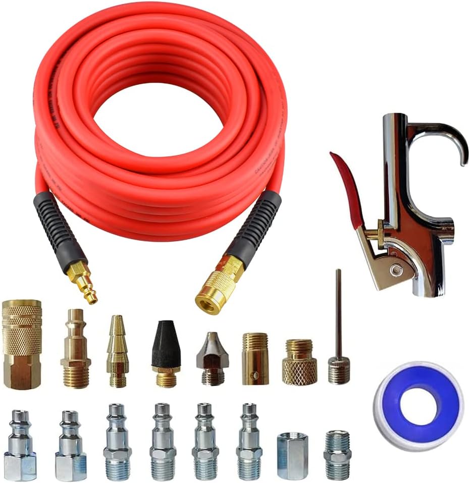 Abakoo 19 Pieces Air Compressor Accessory Kit, 3/8" x 50 Feet Hybrid Air Hose Red, 1/4" NPT Air