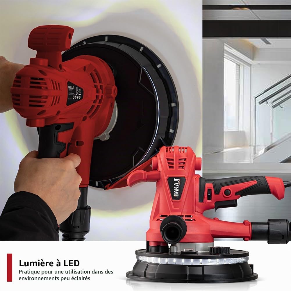 Bakaji Ponceuse murale de plafond pliable ponceuse girafe plaque de plâtre aspiration automatique avec lumière LED, tige télescopique et 6 disques abrasifs (manuel avec sac 1280W)