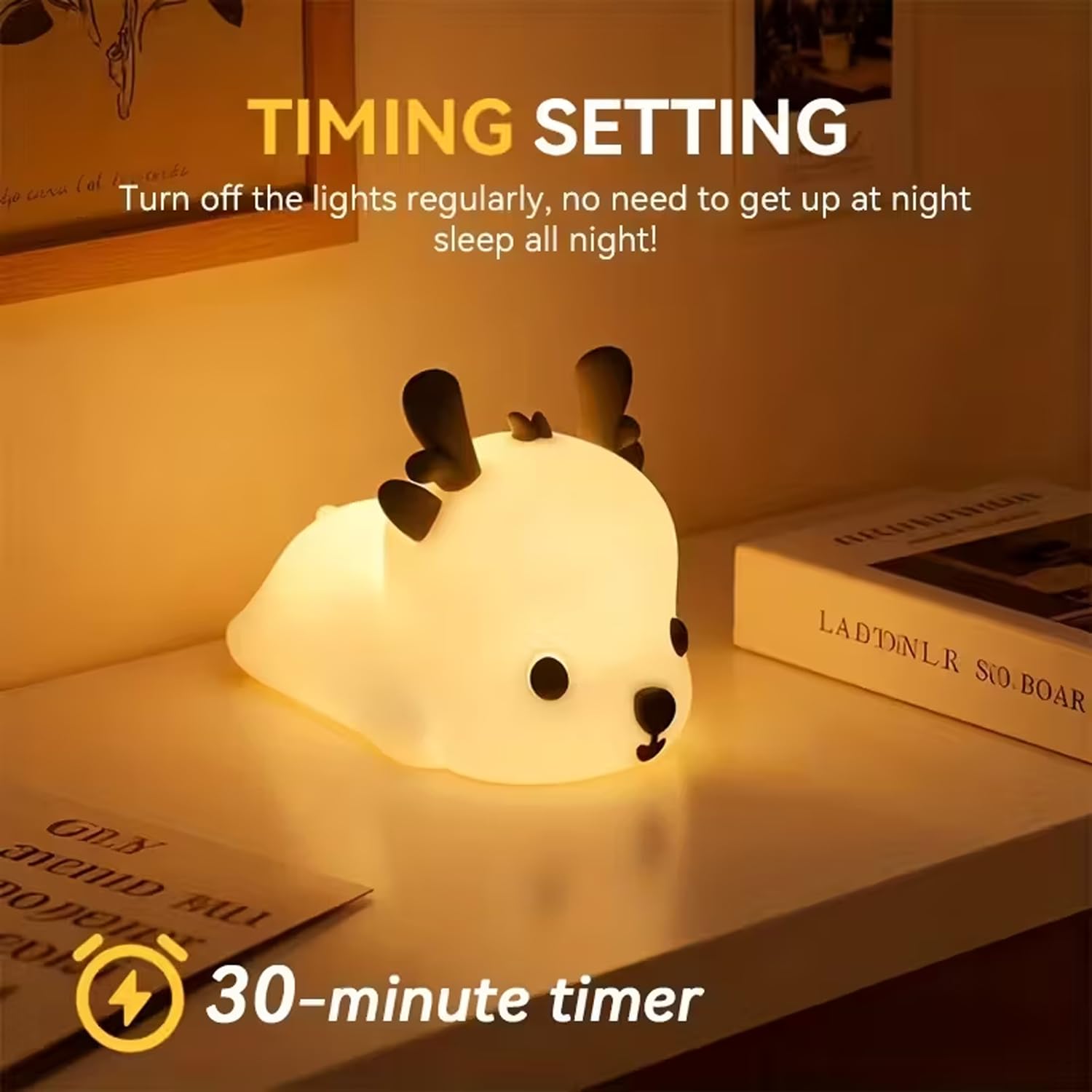 Luce notturna a LED per bambini Cervo Lampada da comodino Carina con 3 livelli di luminosità Luce silenziosa in silicone per neonati Lampada touch Ricarica USB Kawaii Luce camera da letto dei bambini