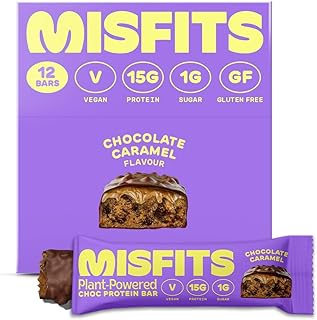 Misfits Vegan Protein Bar, Chocolate Caramel Bar, Plant Based Chocolate Protein Bars, High Protein Snacks with 15g Per Bar, Low Sugar, Low Carb, Gluten Free, Dairy Free, High Fiber, Non GMO, Chocolate Caramel Flavor 12 Pack