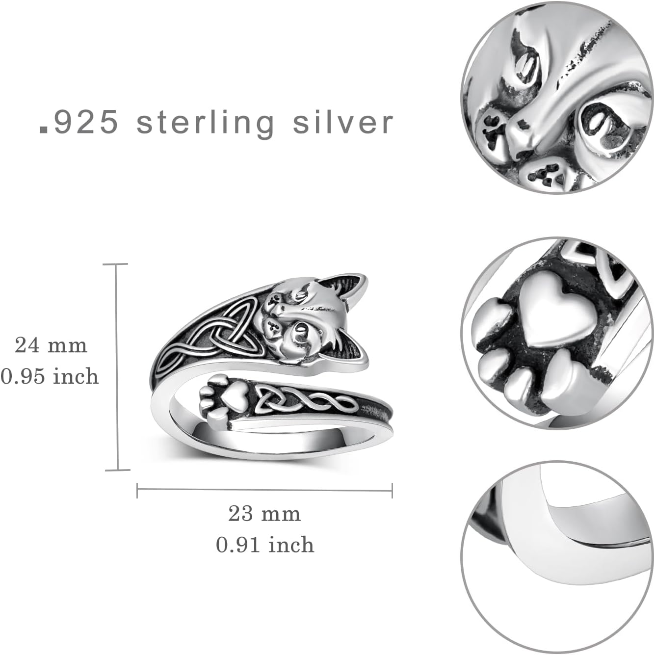 TYSO Cat Spoon Ring 925 Sterling Silver Cat Ring Celtic Knot Adjustable Thumb Rings Jewelry Gifts for Women Mom Wife - Image 6