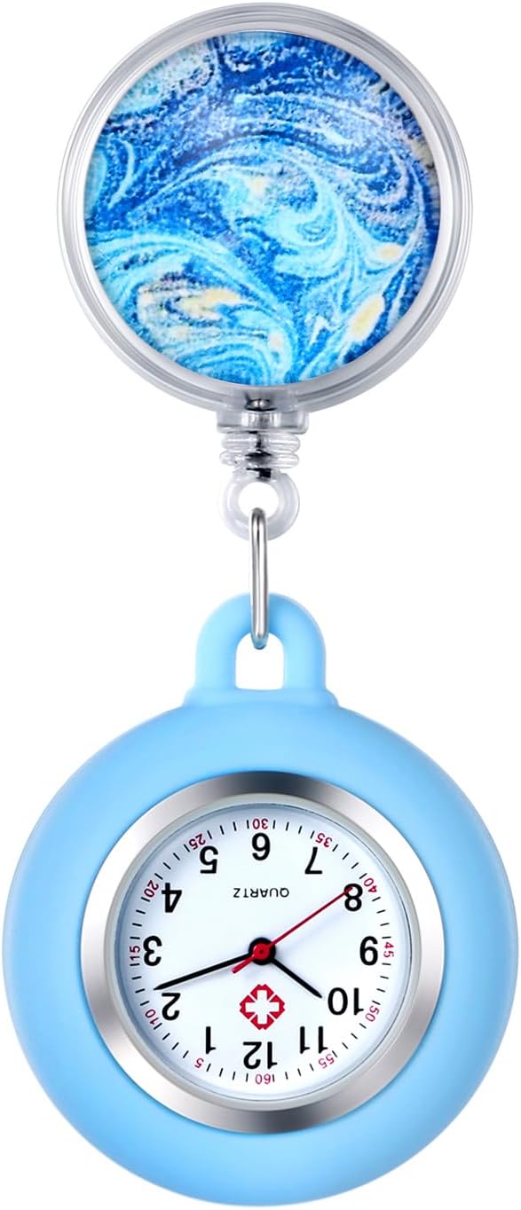 OIDEARetractable Nurse Watch for Nurses Doctors: Starry Sky Pattern Silicone Cover Lapel Nurse Watch Clip-on Hanging Fob Pocket Badge Watches with Second Hand