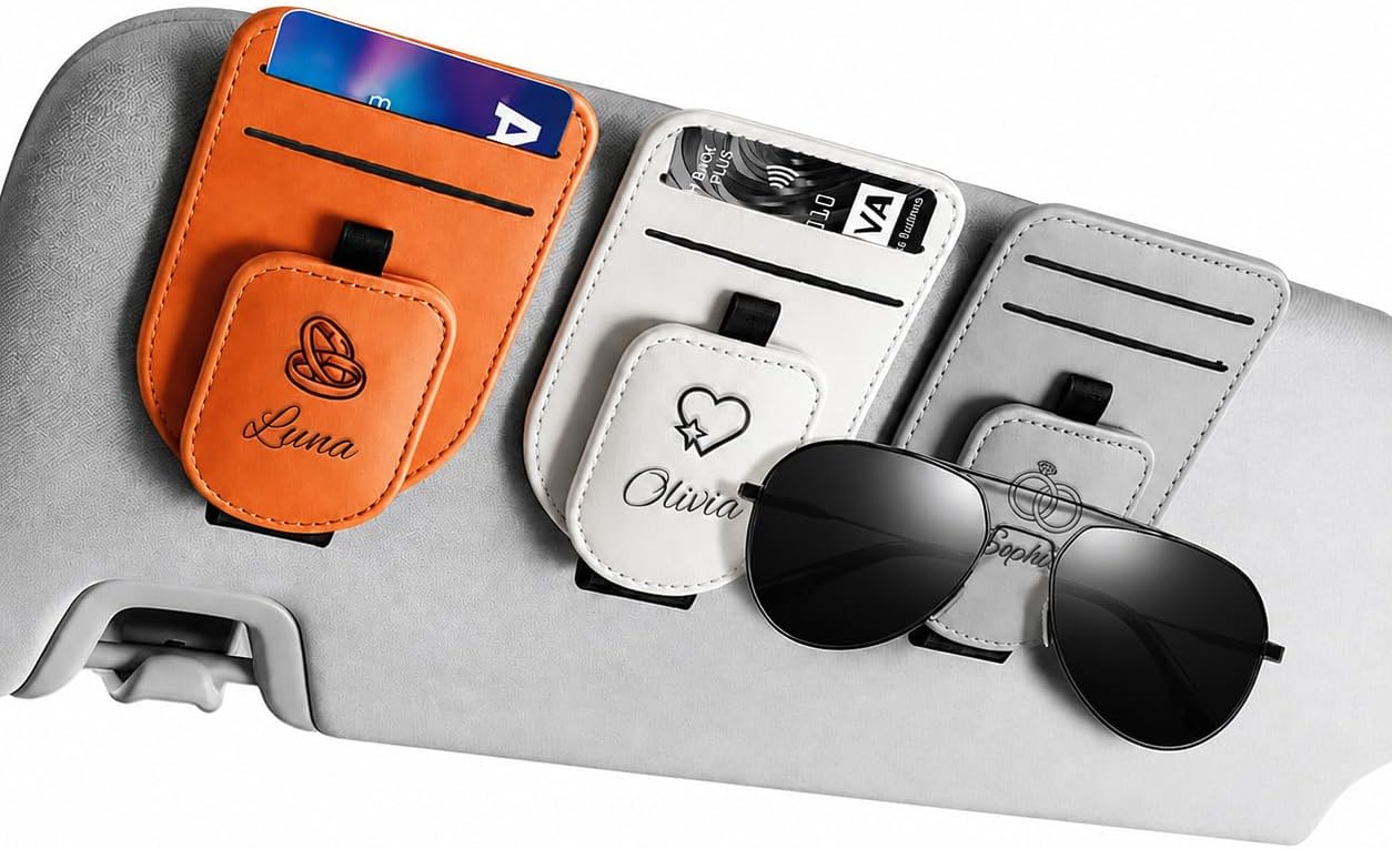 Personalized engraved Leather Car Visor Sunglasses Holder with Card Slot