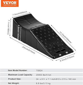 VEVOR 1Piece Vehicle Ramp 20000 lbs/9 Ton Capacity Car Service Ramp, Effortlessly Lift 5.5 High, Durable Nonslip & Portable, for Routine Tire Replacement Repairs, Work with Tandem Wheel Vehicles