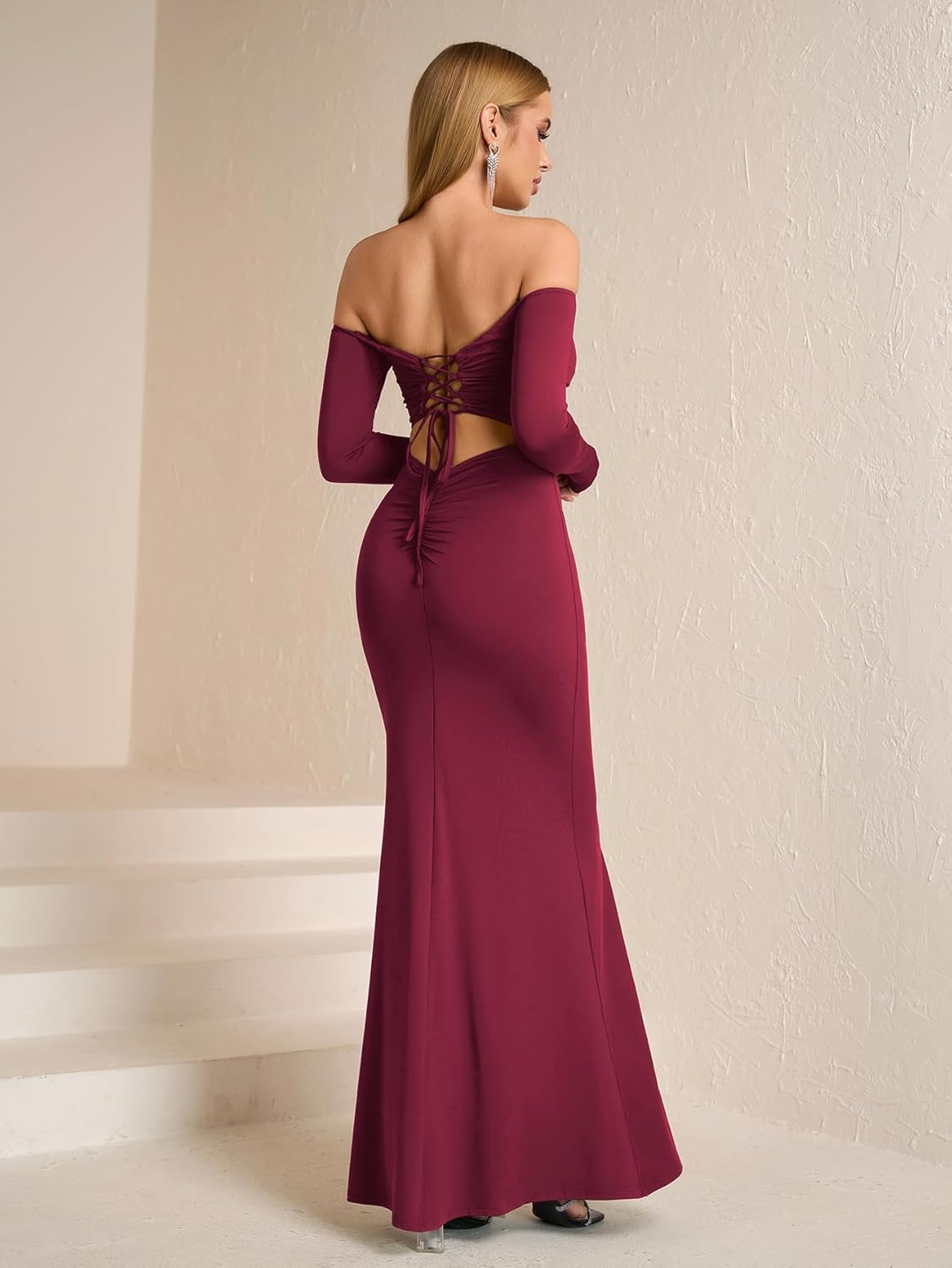 KUTUMAI Off Shoulder Tie Formal Wedding Guest Dresses for Women Fall Long Sleeve Bodycon Lace Up Maxi Dress - Image 3