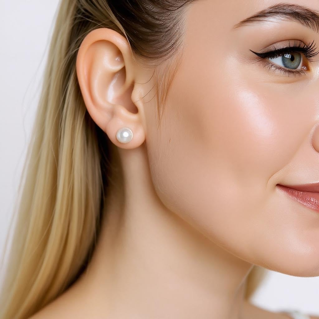 Shell Pearl Stud Earrings for Women | 14K Gold-Plated Sterling Silver | Round High-Luster Pearls | Hypoallergenic Jewelry | Gift for Women - Image 2