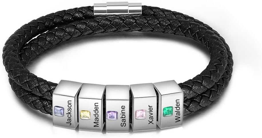 LanM Father's Day Gifts Dad Gifts Personalized Mens Bracelets Black Braided Wrist Bracelet Custom Names with 2-5 Birthstone Bracelets for Father Husband Friends