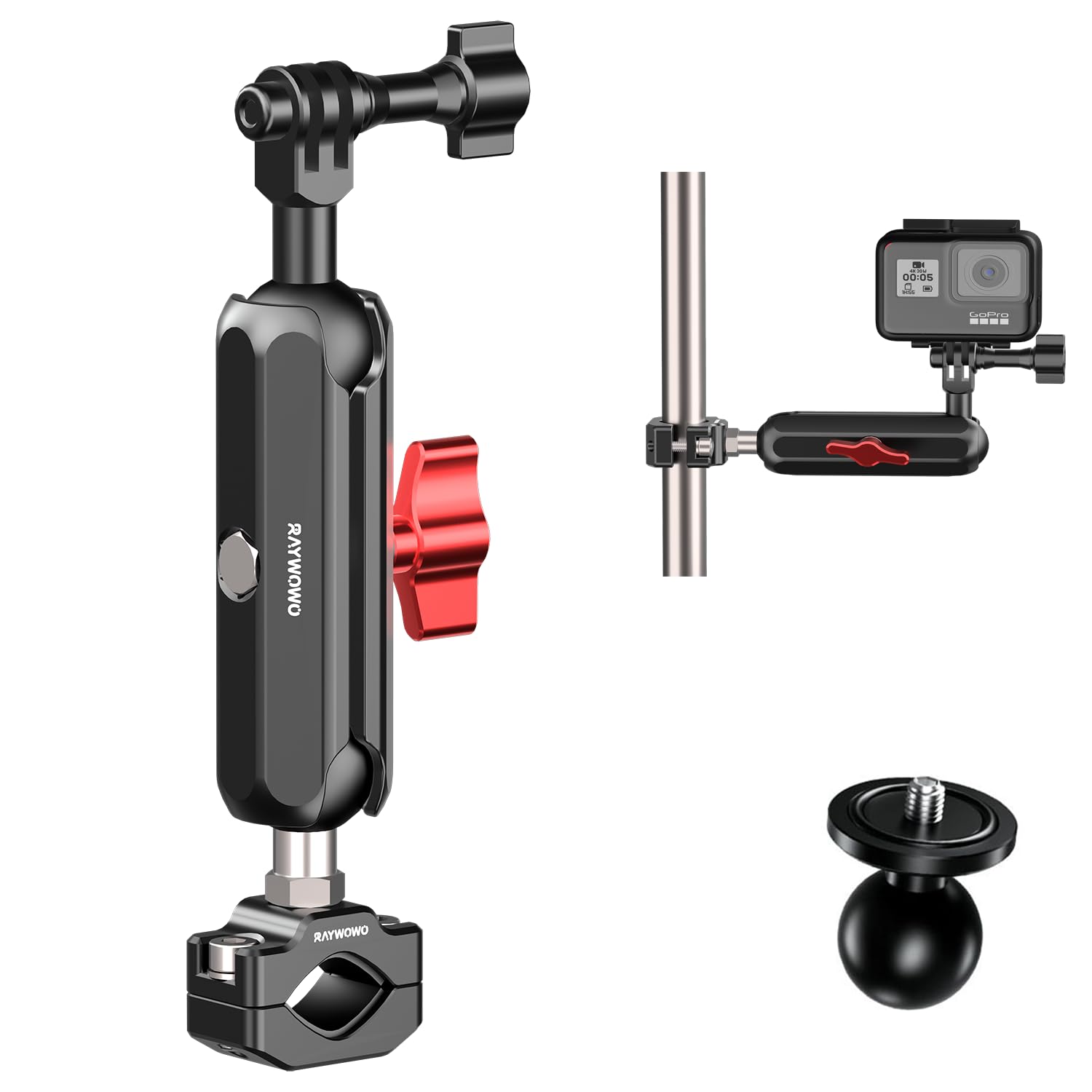 RAYWOWO Camera Clamp Mount for GoPro DJI insta360 Motorcycle Bicycle Handlebar Mounts Aluminum Tube Clip Live Broadcast Head Bracket, with 1/4"-20