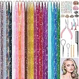 20 Colors Fairy Hair Tinsel Kit 4000 Glitter Strands 48Inch Heat Resistant Tinsel Hair Extensions Sparkling Shiny Highlights Hairs Tinsels with Tools for Christmas Halloween New Year Cosplay Party