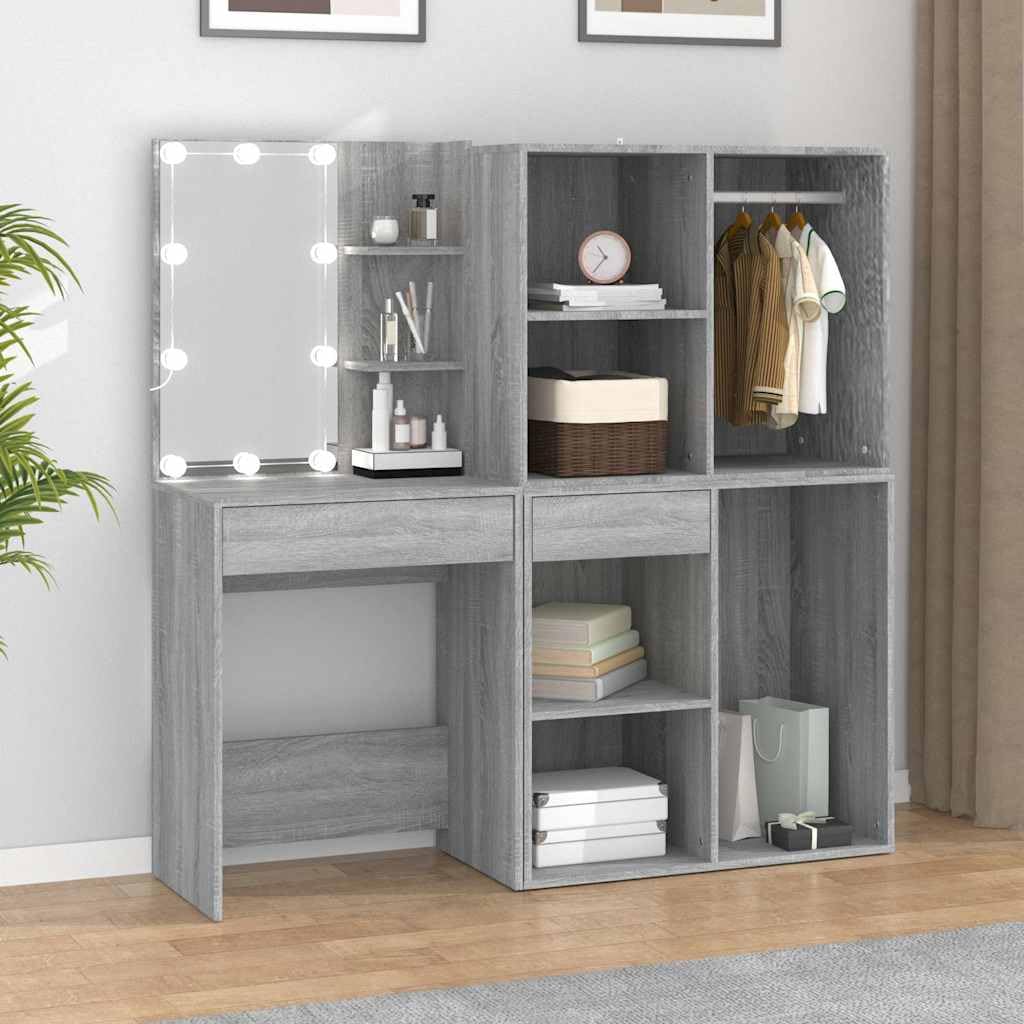 LED-Schminktisch mit Schränken Grau Sonoma Holzwerkstoff 60x40x140 cm mit LED-Beleuchtung, USB-Anschluss, Stauraum, Spiegel, Schubladen und Organizer für Schlafzimmer, Ankleidezimmer, Bad