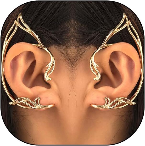 2Pcs Gothic Chunky Gold Elf Ear Cuffs, Fairy Cartilage Piercing Clip On Wrap Earrings, Trendy Vintage Climber Cosplay Jewelry Gifts for Women